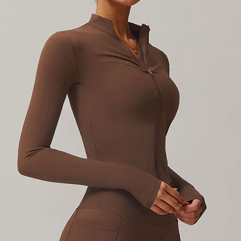 Cloud Hide Front Zipper Sports Jacket Women Long Sleeve Brown Yoga Shirt Gym Fitness Coat Running Autumn Winter Workout Run Top