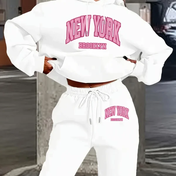 Women 2Pcs Letter Print Outfit, Hoodie and Sweatpants Set, Ladies Casual Long Sleeve Hooded Tracksuit, Daily Streetwear