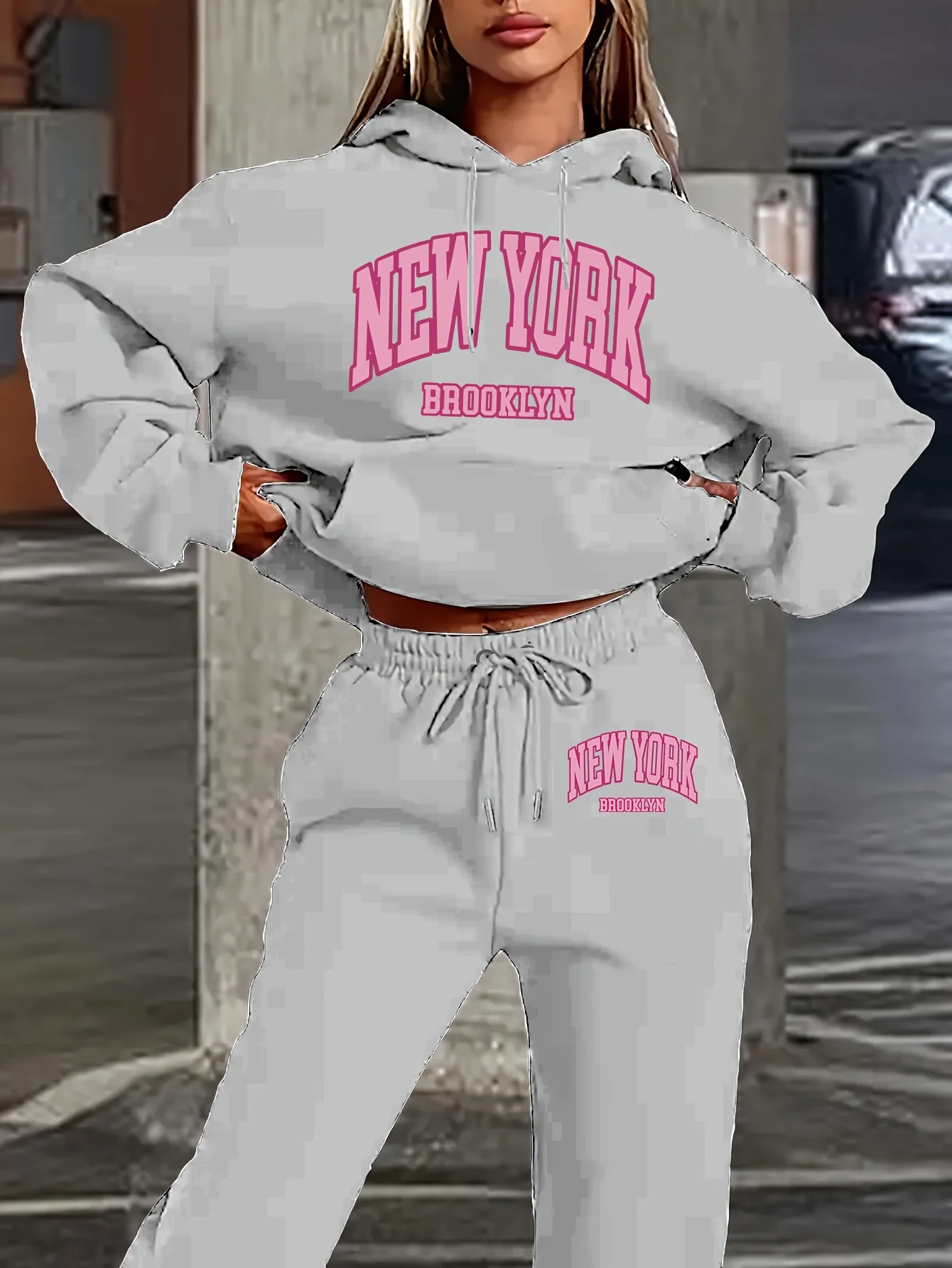 Women 2Pcs Letter Print Outfit, Hoodie and Sweatpants Set, Ladies Casual Long Sleeve Hooded Tracksuit, Daily Streetwear