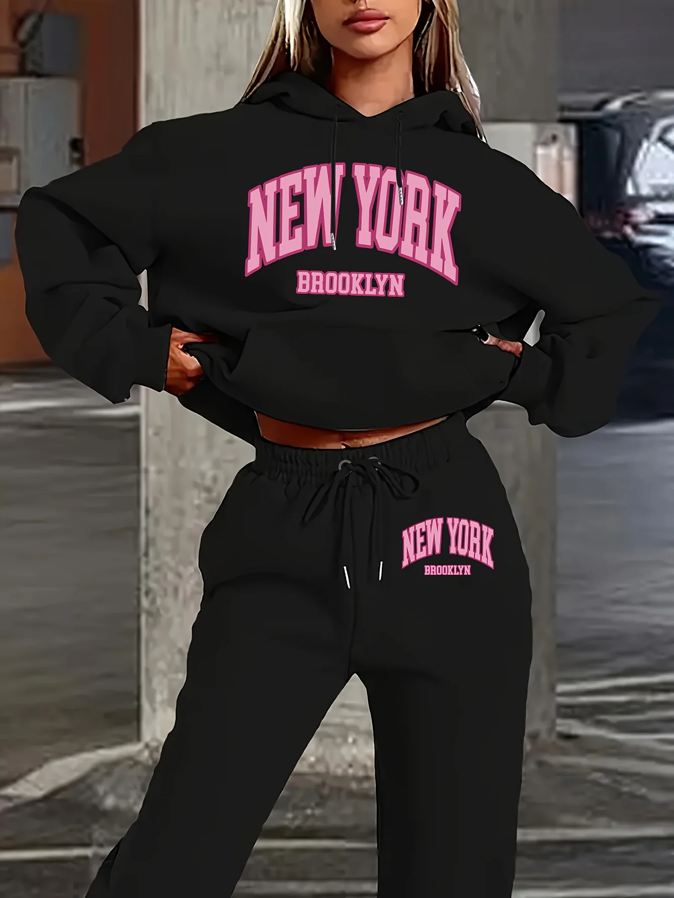 Women 2Pcs Letter Print Outfit, Hoodie and Sweatpants Set, Ladies Casual Long Sleeve Hooded Tracksuit, Daily Streetwear